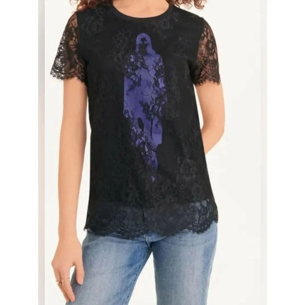 DKNY Black Lace Top w/Fashion Graphic M